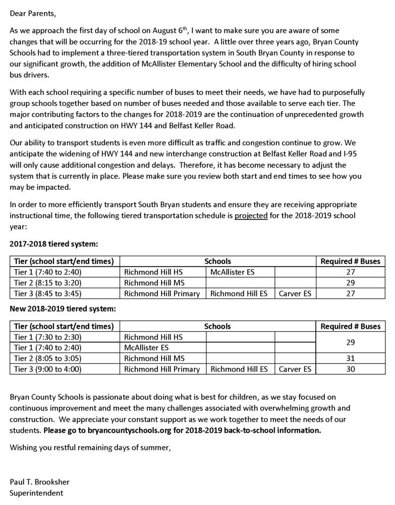 2018-19 Transportation Tier Letter