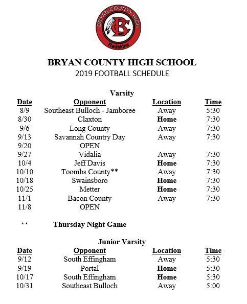 BCHS Football Schedule 2019
