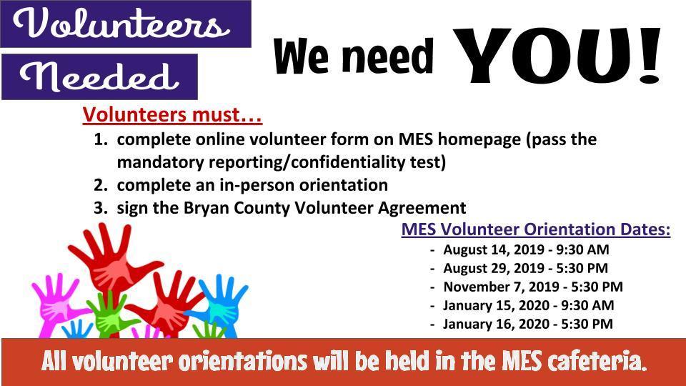 Volunteer Orientation at MES-Jan. 15th