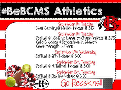 #BeBCMS Athletics 9/10-9/14