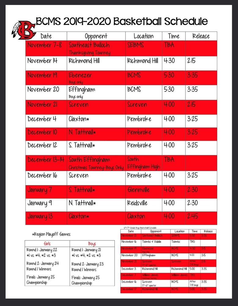 Updated Basketball Schedule | Bryan County Middle School
