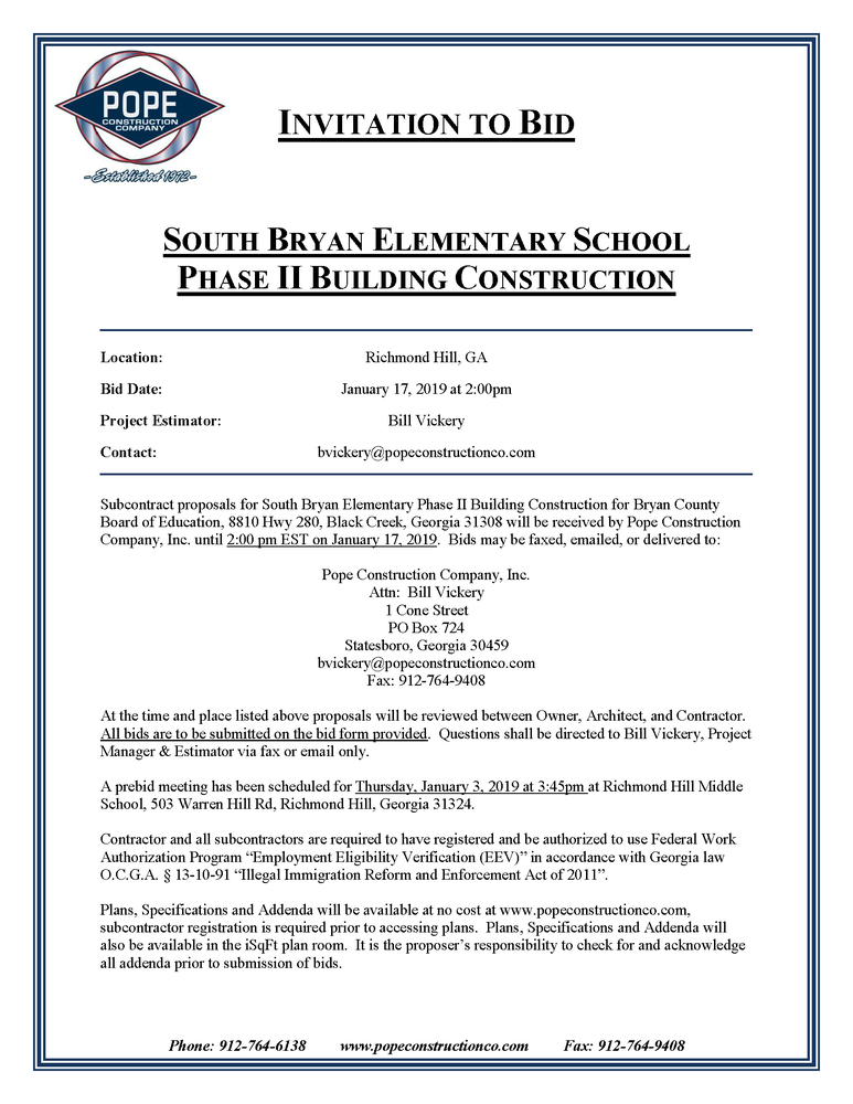 South Bryan Elementary School Phase 2 Invitation to Bid