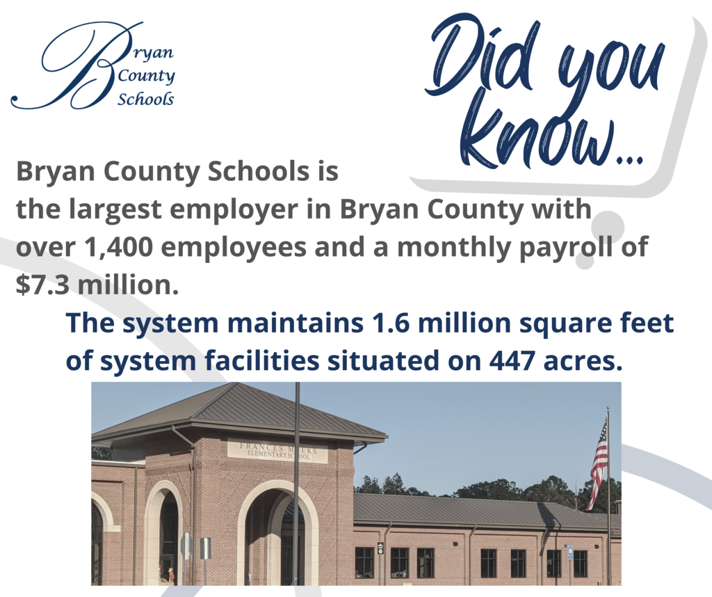 Did you know Bryan County Schools is the largest employer in Bryan County with over 1,400 employees and a monthly payroll of $7.3 million.