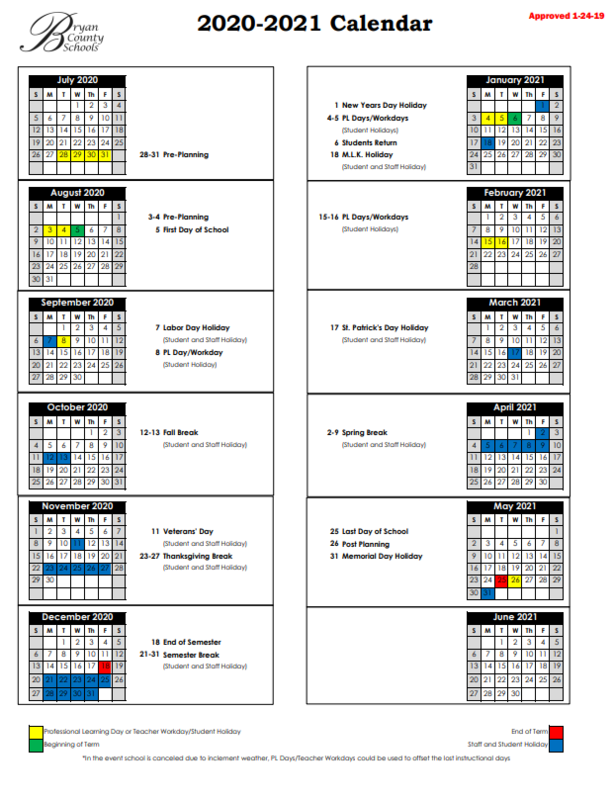 Bryan County Schools Approved Calendars Bryan County Middle School